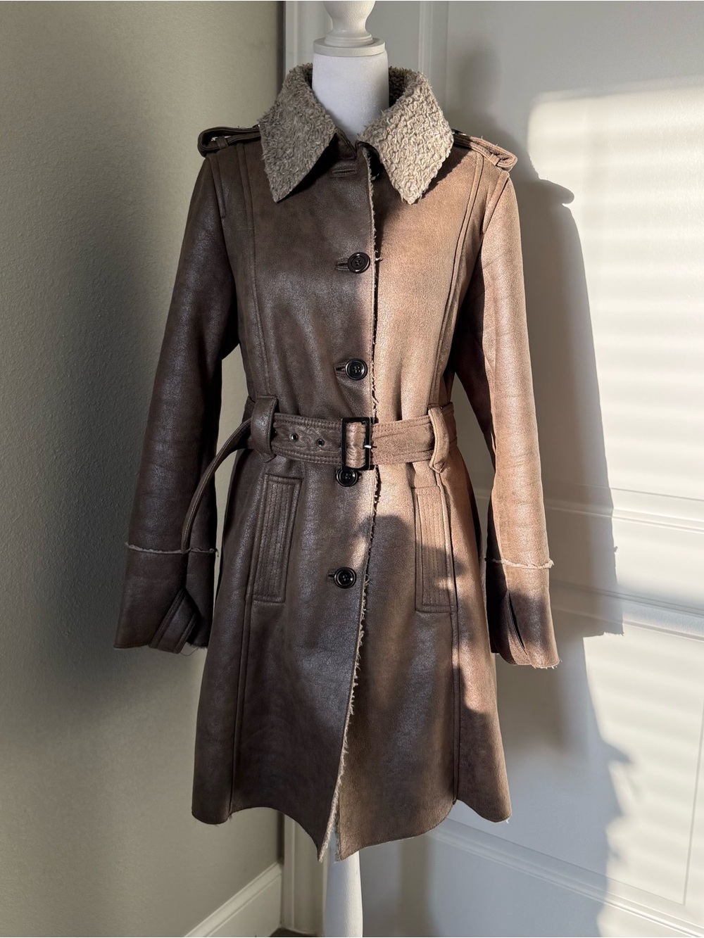 Y2K Christopher & Banks Women’s Brown Faux Shearling Trench Coat with Belt